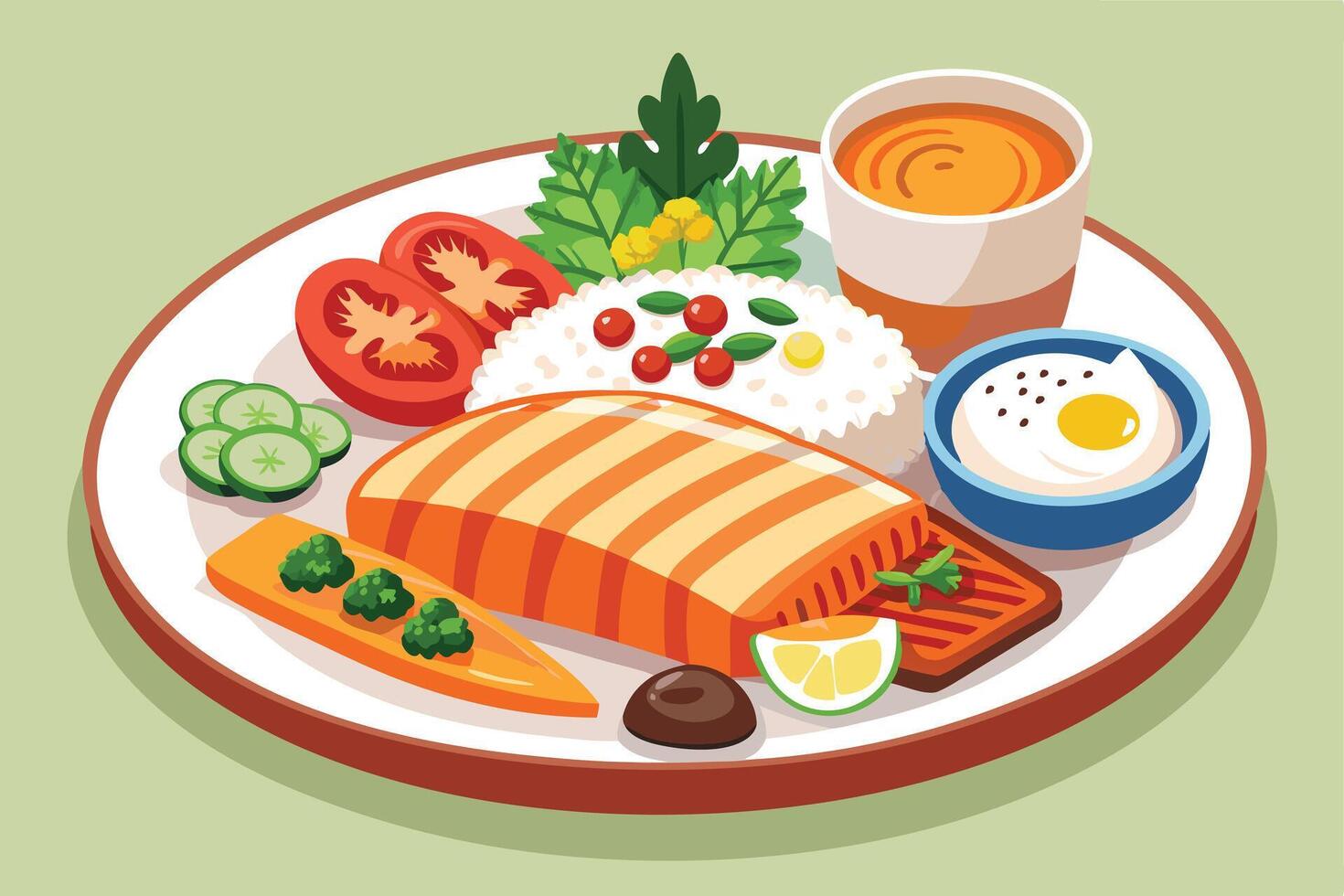 Delicious and Nutritious Plate of Food with Grilled Fish, Rice, and Fruits vector
