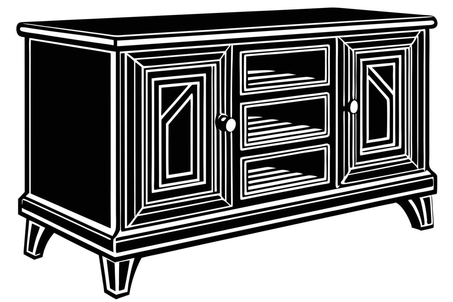 Stylish Black TV Stand with Two Doors and Drawers vector