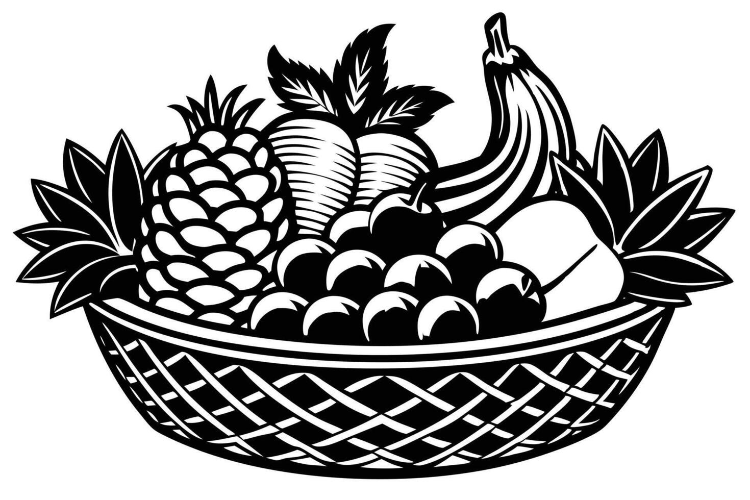 A vintage Black and White Fruit Basket Illustration vector