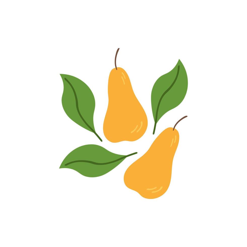 Pears sign with whole fruit and leafs. Hand drawn label with fruits tree on isolated background. decorative illustration with punchball for logo, print, paper, card, template. Food and harvest vector