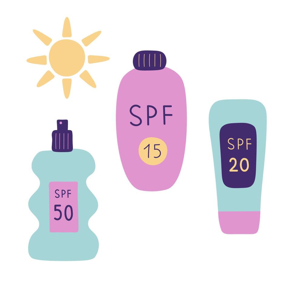 Doodle with sunscreens SPF and sun on isolated background. Hand drawn coloured illustration with summer different protection creams in flat style. Design element for sign, logo, print, card vector