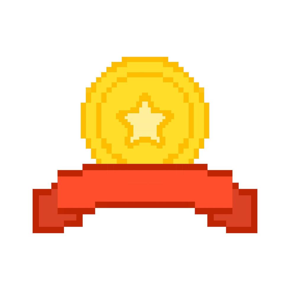 Gold Medal With Red Ribbon Pixelated Icon. Pixel Art Symbol Of Award Medal With Star In Golden Circle And Ribbon Accents. Isolated Illustration vector