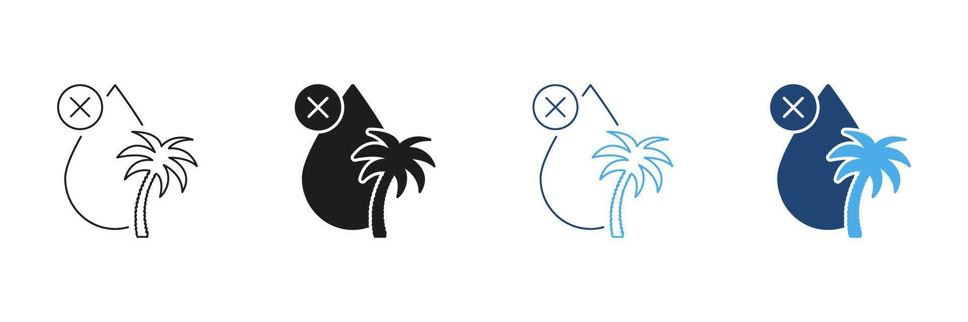 Palm Oil Ban Line and Silhouette Icon Set With Prohibition Symbol. Environmental Awareness and Sustainability Issues. Palm Oil Prohibited. Editable Stroke. Isolated Illustration vector