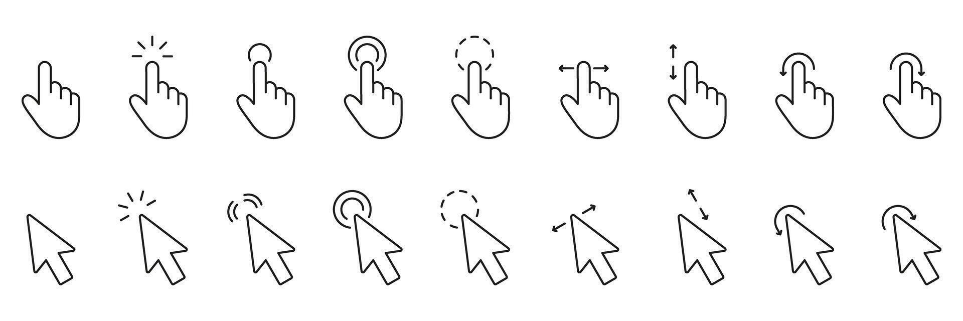Cursor And Pointer Line Icon Set. Click And Gesture Outline Symbol Collection. Editable Stroke. Isolated Illustration vector