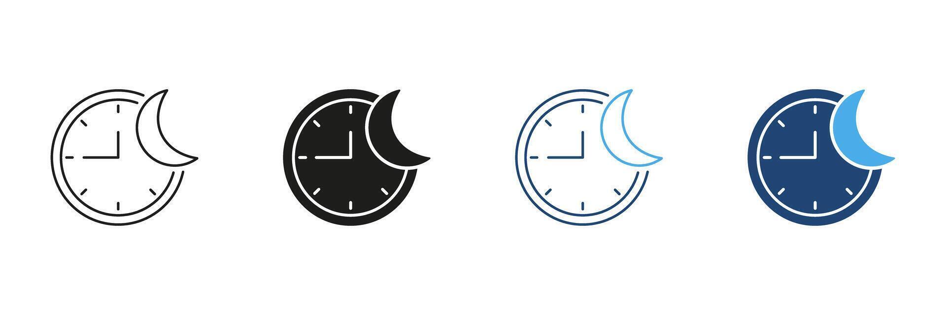 Night Time Mode, Moon with Clock Line and Silhouette Icon Set. Time Management And Scheduling For Healthy Lifestyle And Wellness. Isolated Illustration vector