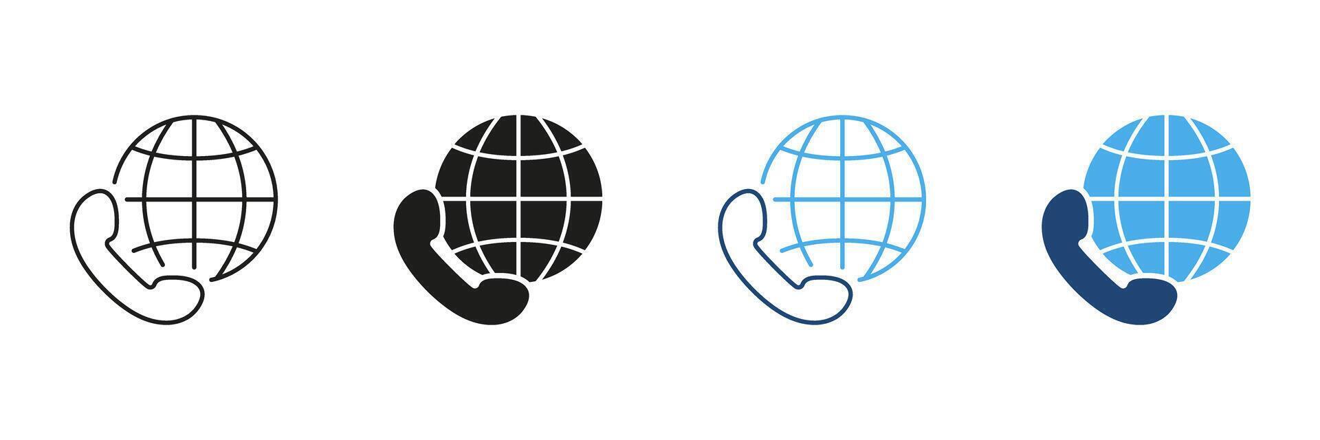 Telephone And Globe Communication Icon Set. Global Connectivity, International Calling, And Telecommunication Symbol Collection. Worldwide Network And Customer Support. Isolated Illustration vector