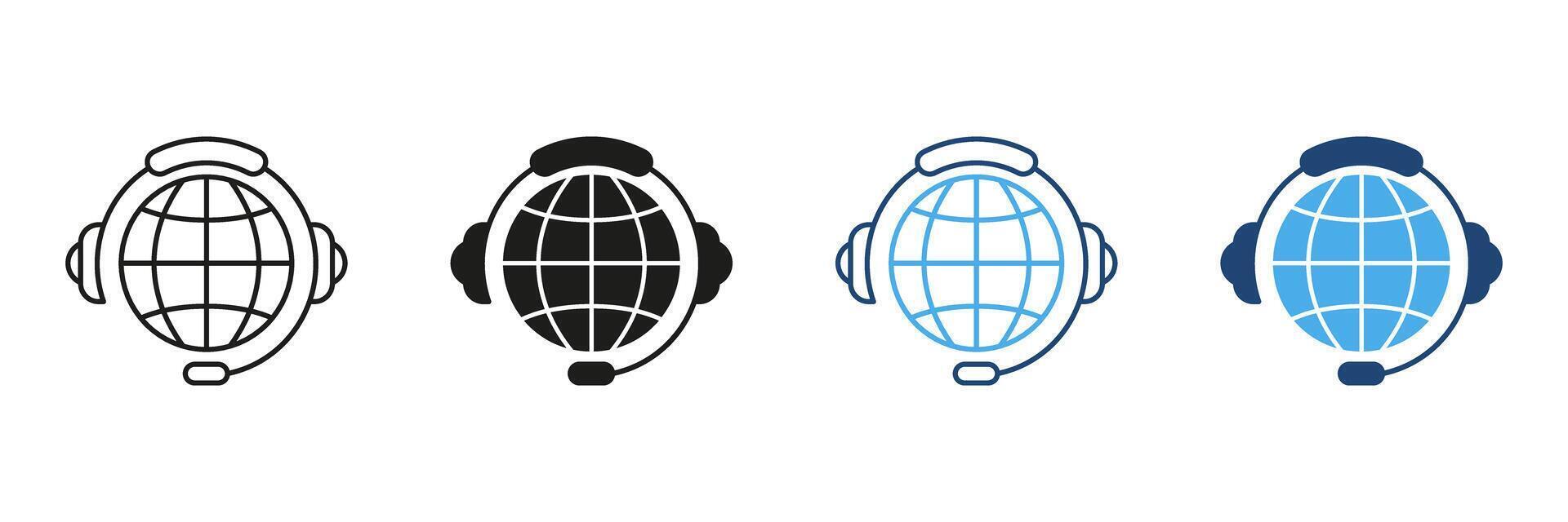 Global Customer Support Headset Icon Set. International Communication And Call Center Service Symbol Collection. Multilingual Assistance And Technical Help. Isolated Illustration vector