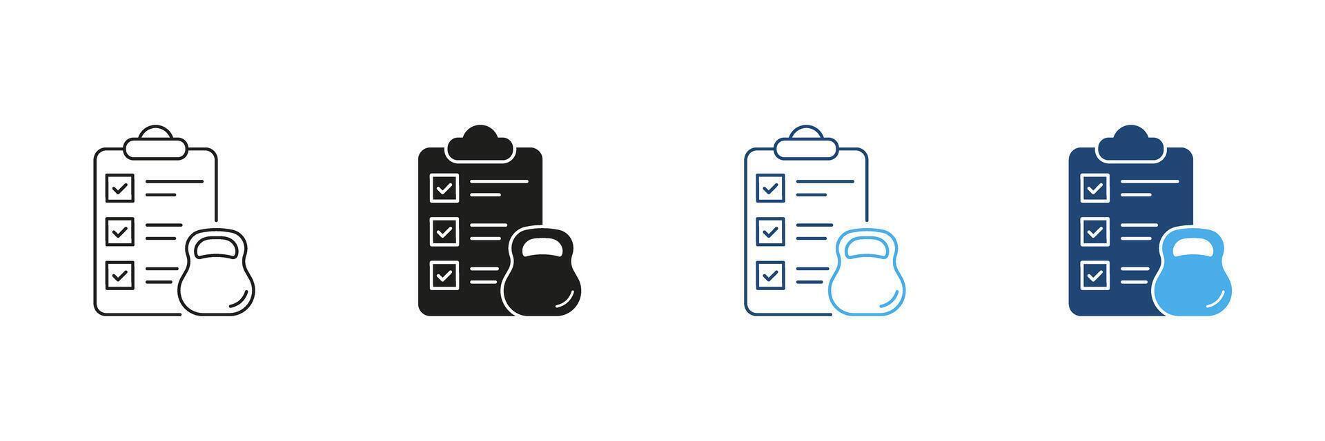 Weight Loss Training Fitness Plan Line and Silhouette Icon Set. Checklist and Kettlebell Outline and Solid Icon, Gym and Exercise Routines Concept. Editable Stroke. Isolated Illustration vector