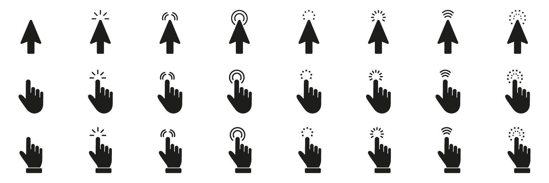 Arrow And Hand Cursor Solid Icon Set. Click And Tap Gesture Silhouette Symbol Collection. Isolated Illustration vector