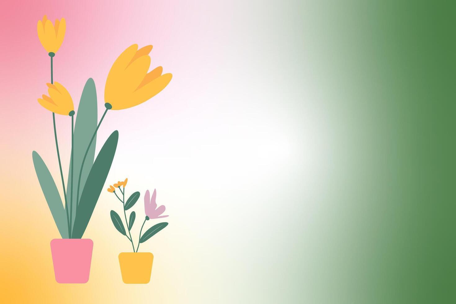 Green pink yellow gradient background with a flower pot containing a yellow flower. The flower pot is on the left side of the image. greeting card vector