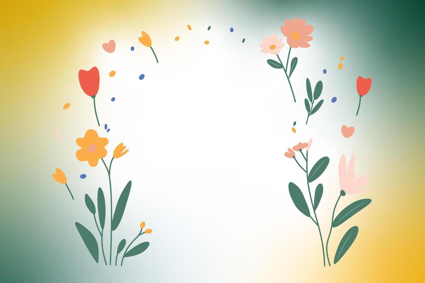 A colorful floral arrangement on a gradient green and yellow background. The flowers are arranged so that they seem to be fluttering in the wind. greeting card vector