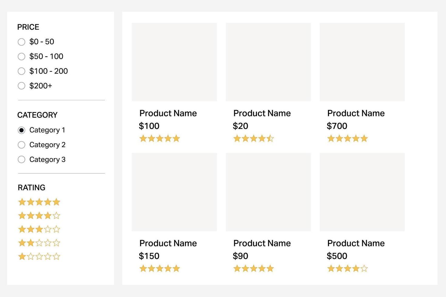 Online product grid layout with sidebar filters and ratings vector