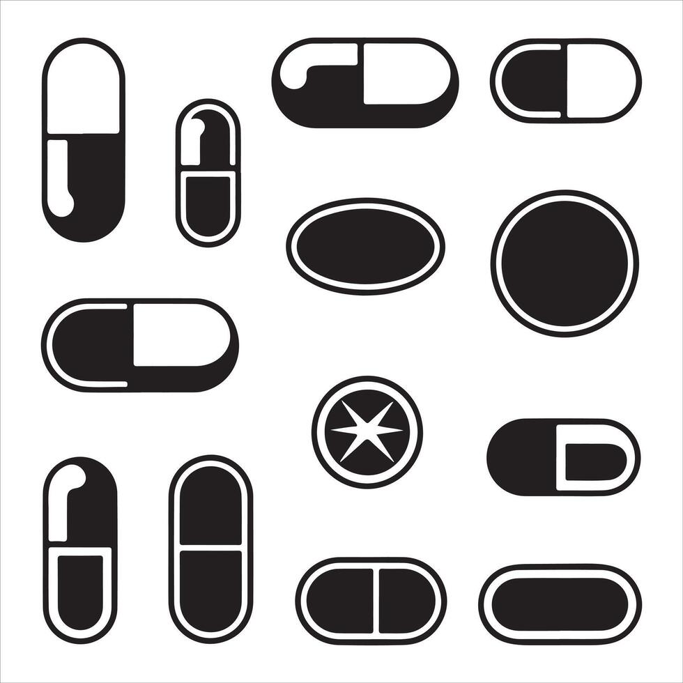 Black and White Assorted Pill and Capsule Icons vector