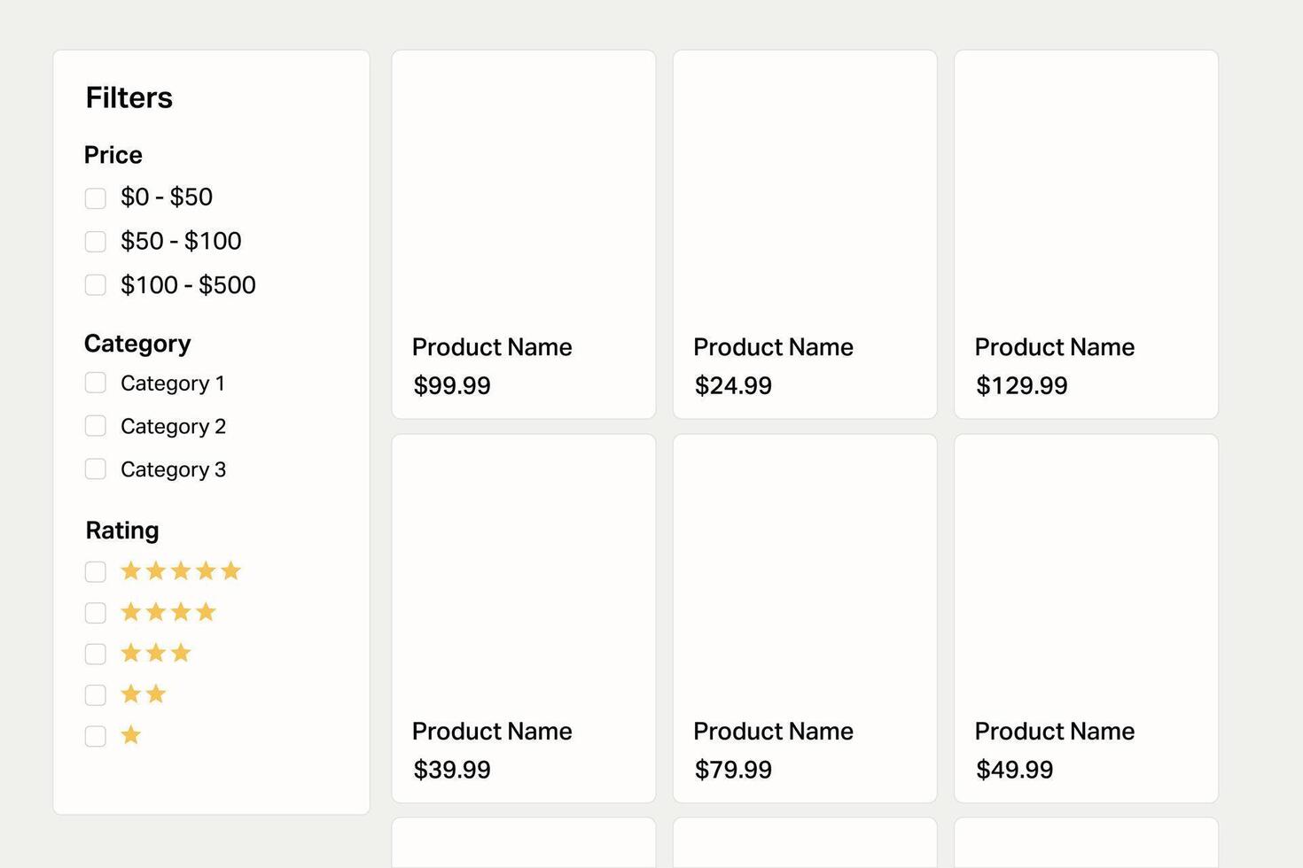 Online product grid layout with sidebar filters vector