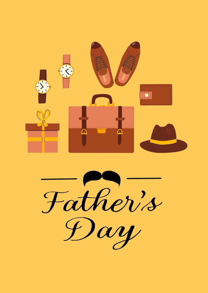 Father's day greeting card design with gifts and accessories on yellow background vector