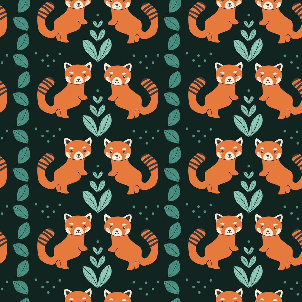 Cute red panda and leaf pattern background for textile and wallpaper design vector