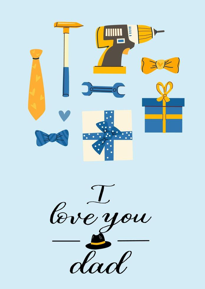 Father's day card with gift boxes and tools on light blue background vector