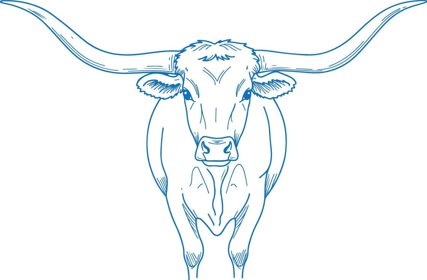 Simple Minimalist Line Art of a Longhorn Cow with Wide Horns in a Hand-Drawn Western Style Illustration for Farm and Ranch Design vector