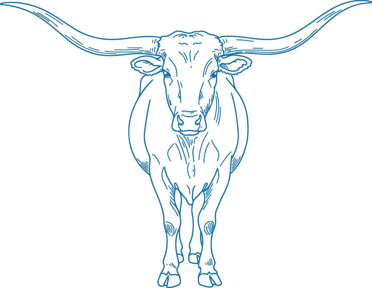 Rustic Western Line Art of a Texas Longhorn Cow Standing Proud with Large Horns in a Clean and Simplistic Farm Animal Illustration vector