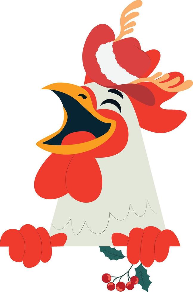 A chicken wearing a santa hat and holding a holly branch vector