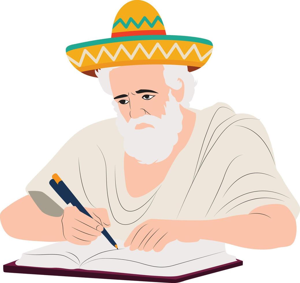 cinco de may elderly man writing book sombrero illustration vector