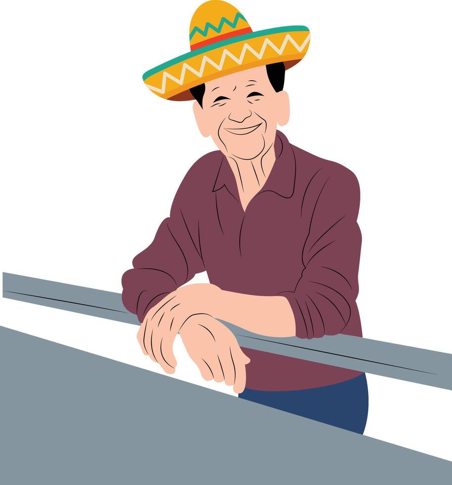 cinco de may happy elderly man sombrero railing illustration vector