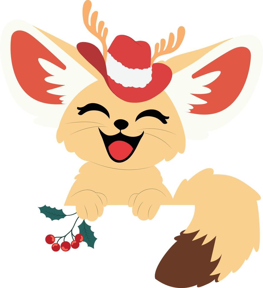 A cartoon fox wearing a hat and holding a holly branch peeking vector