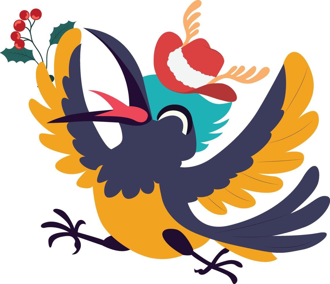 A cartoon bird wearing a hat and holding a holly branch cartoon vector