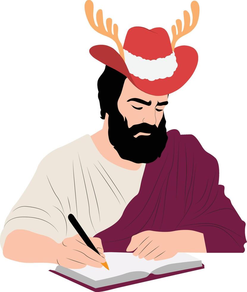 A man wearing a deer antlers hat is writing in a history book vector