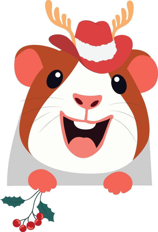 A guinea wearing a santa hat and holding a holly branch peeking vector