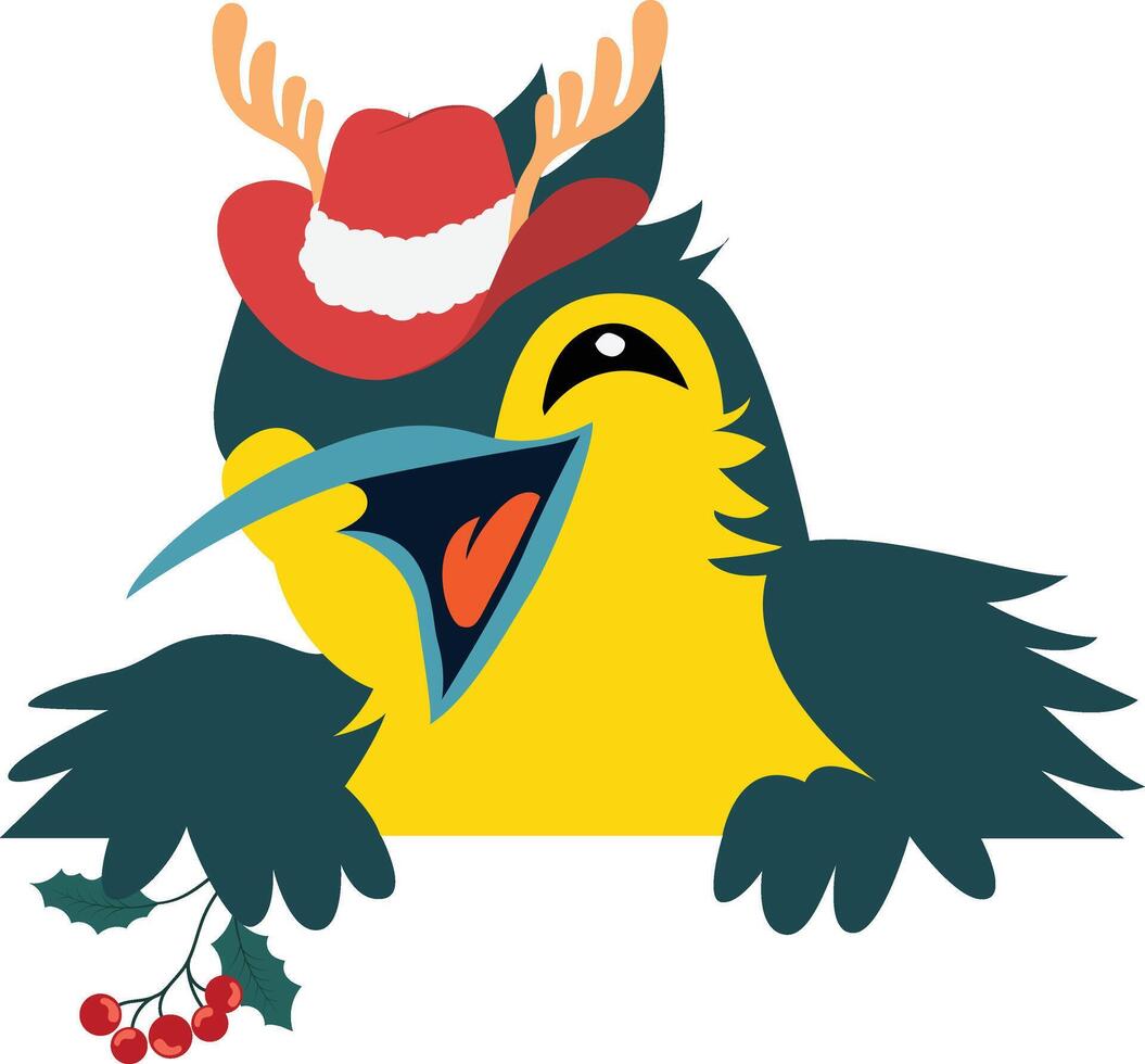 A cartoon bird wearing a hat and holding a holly branch peeking vector