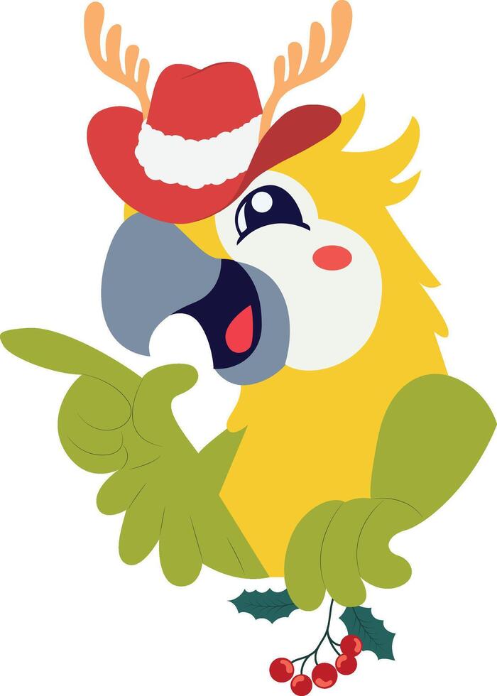 A parrot wearing a santa hat and holding a holly branch vector