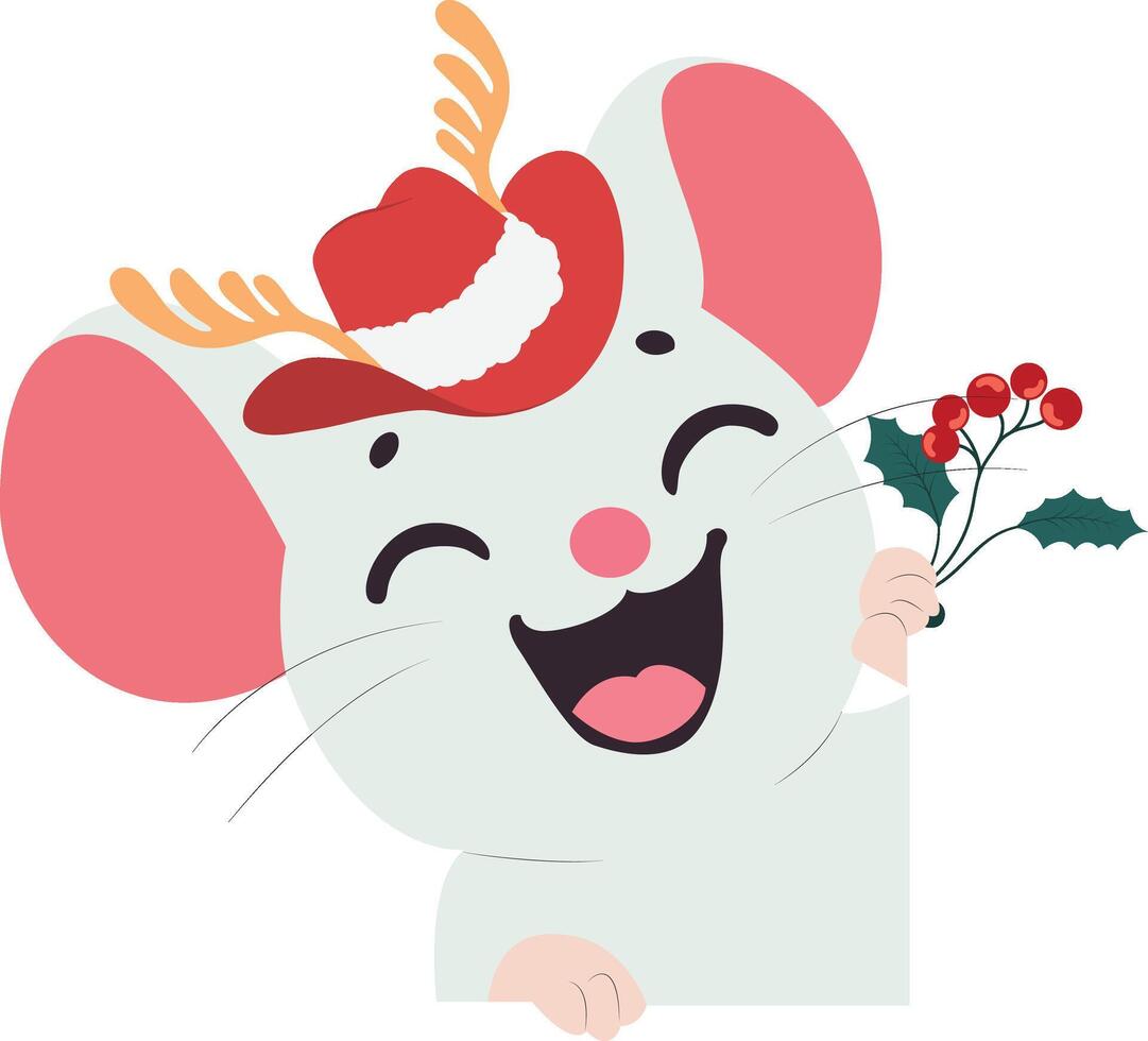A mouse wearing a hat and holding a holly branch vector