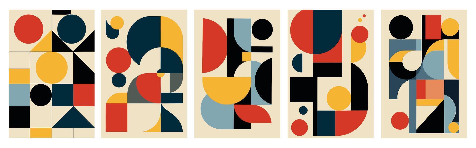 a set of five abstract paintings with geometric shapes vector