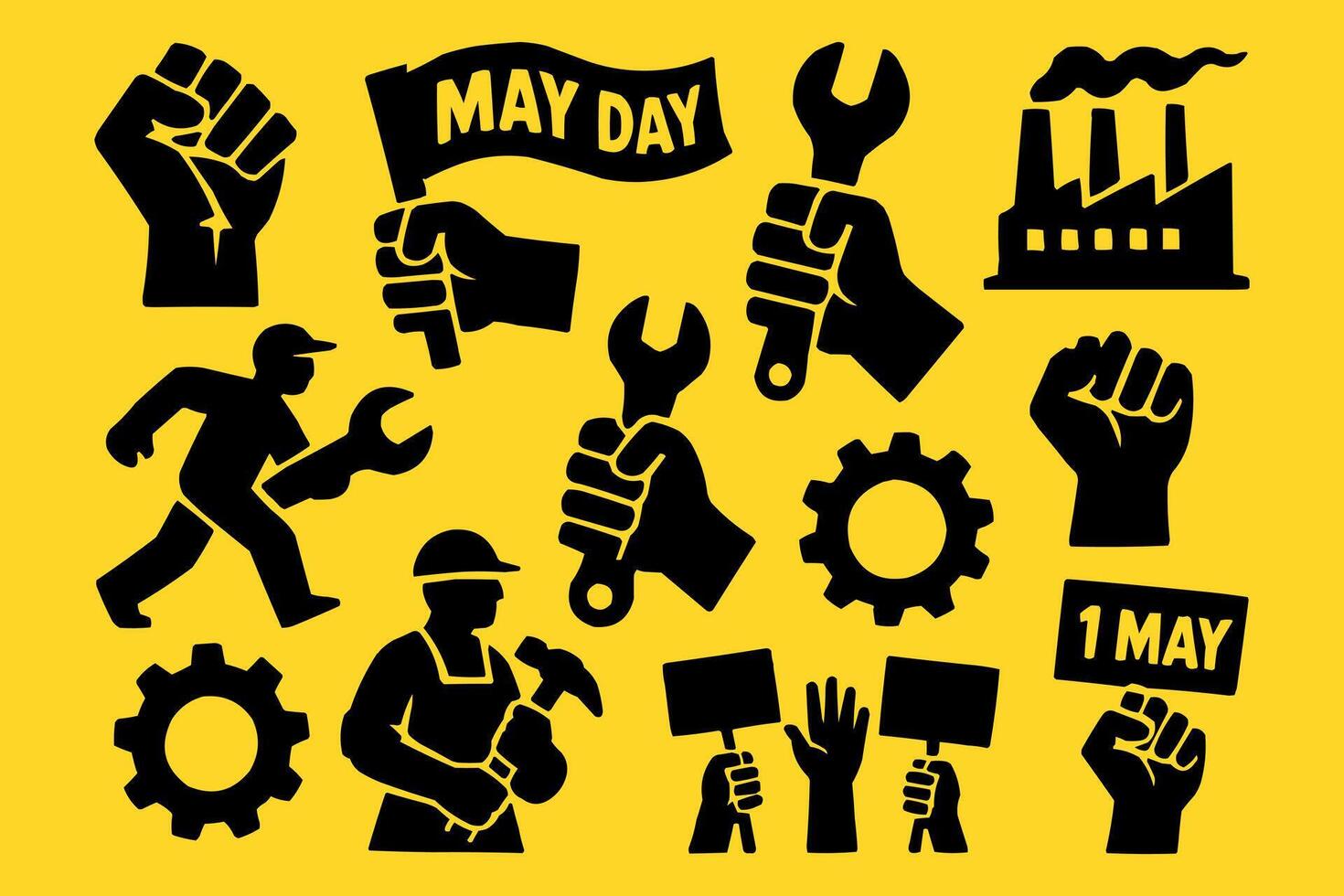 Labor Day May Day Icons with Workers Tools and Protest Symbols vector