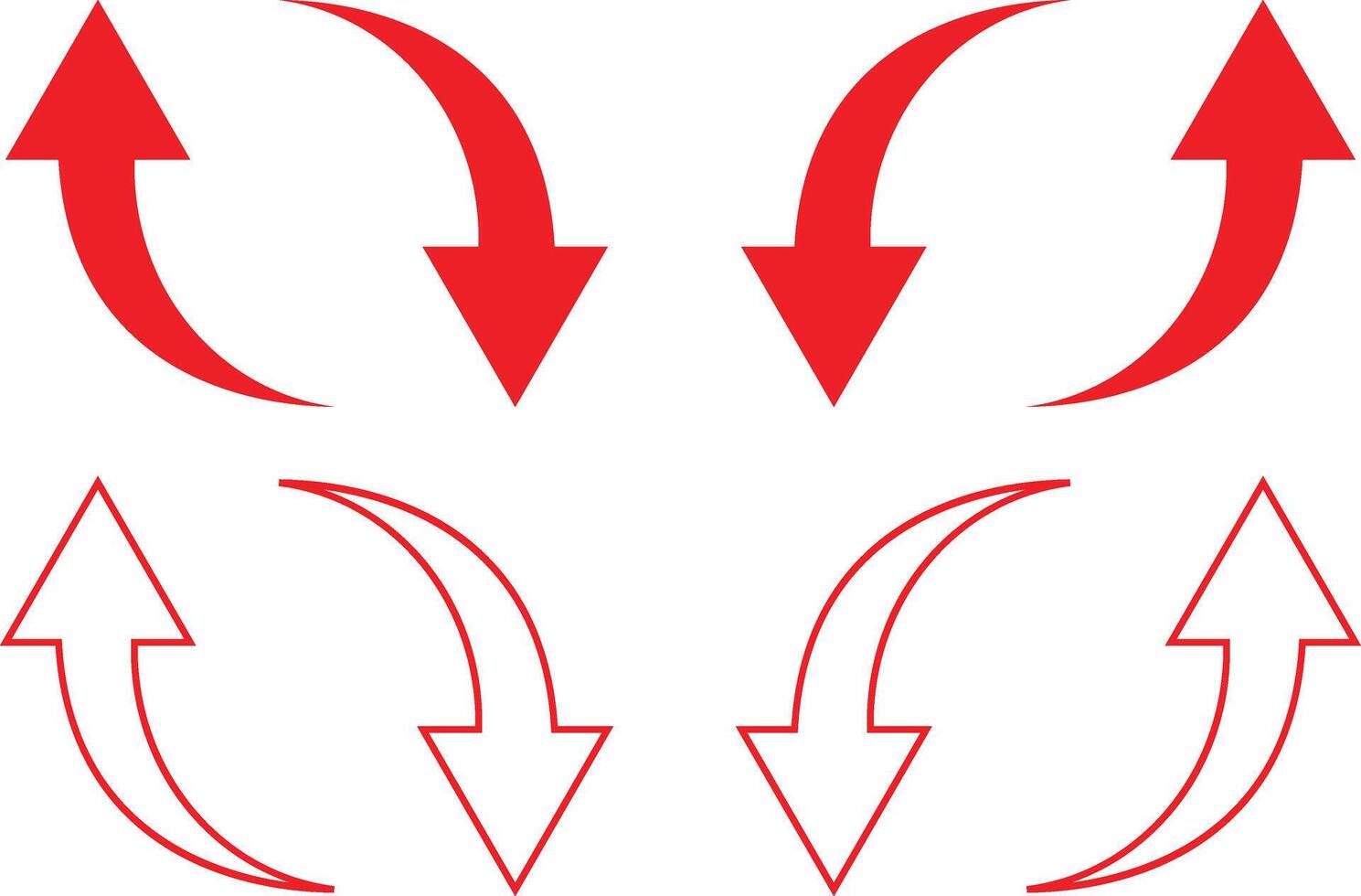 a collection of bold red curved arrows pointing in various directions on a white background collection of red arrow icons in various directions vector