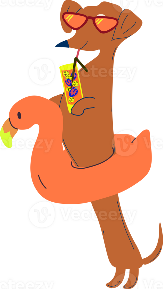 A happy cartoon dog with sunglasses, holding an inflatable flamingo, exuding a carefree summer mood png