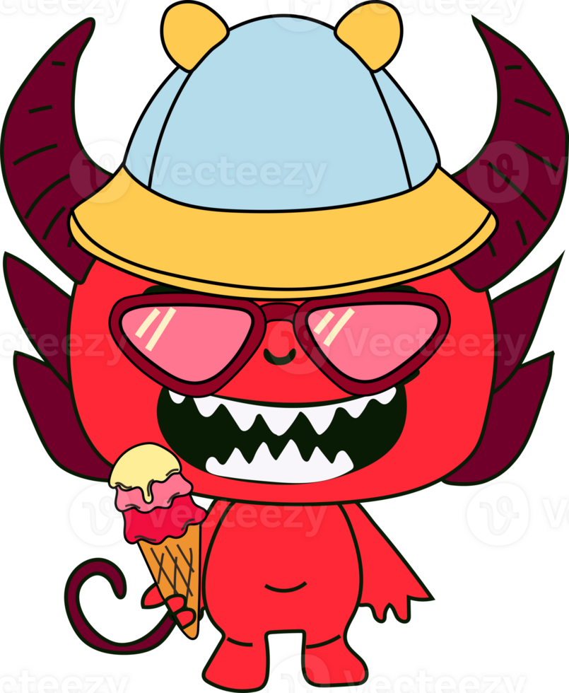 A cartoon devil enjoying a sweet ice cream cone, embracing a playful and mischievous vibe png