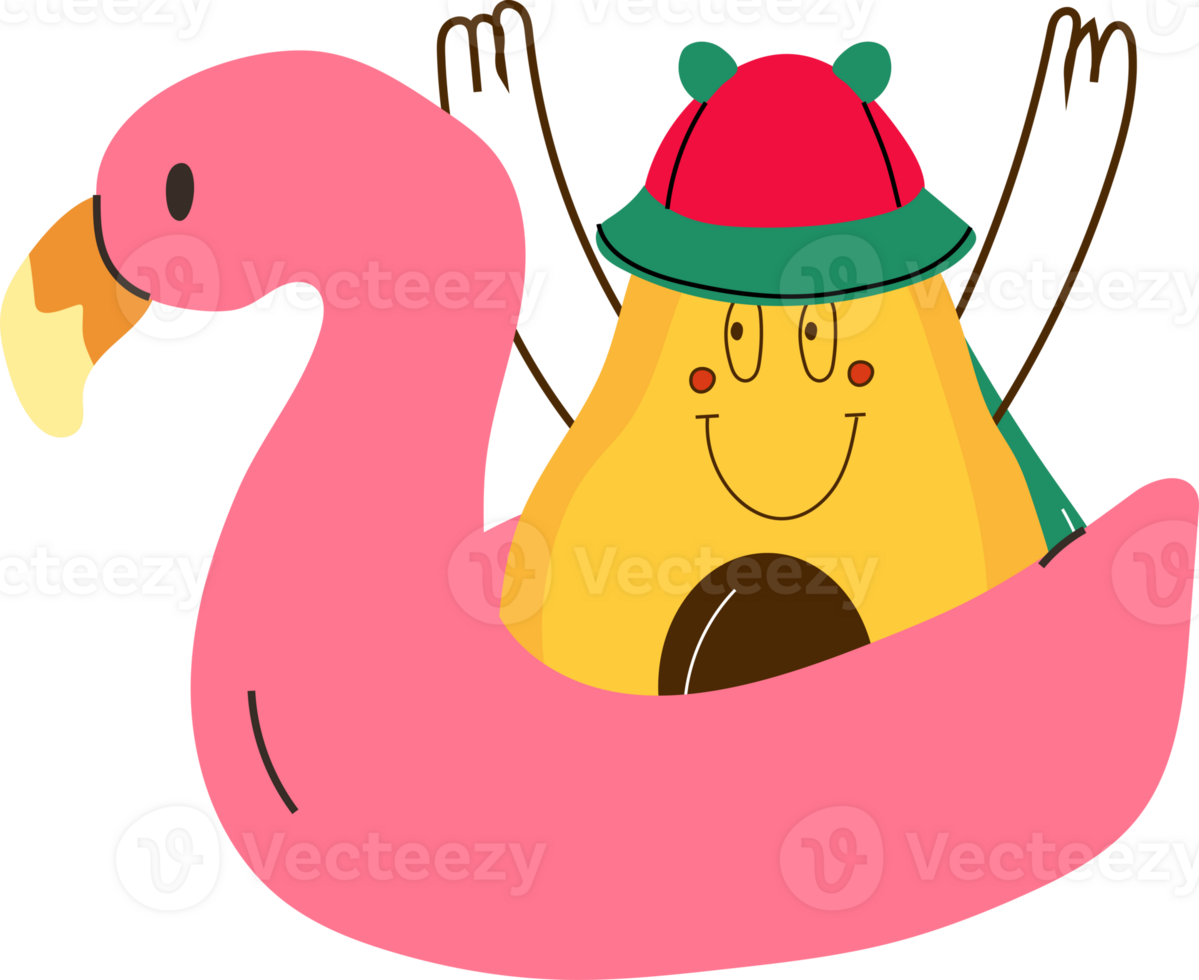 A cute cartoon avocado in adorable pajamas, floating on a flamingo inflatable ring, bringing a cozy and charming vibe png