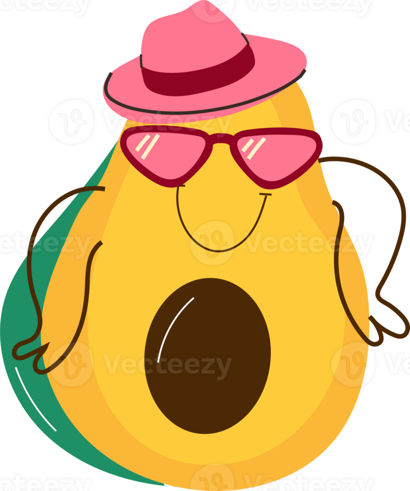 A happy avocado character sporting sunglasses and a summer hat, exuding fun tropical vibes png