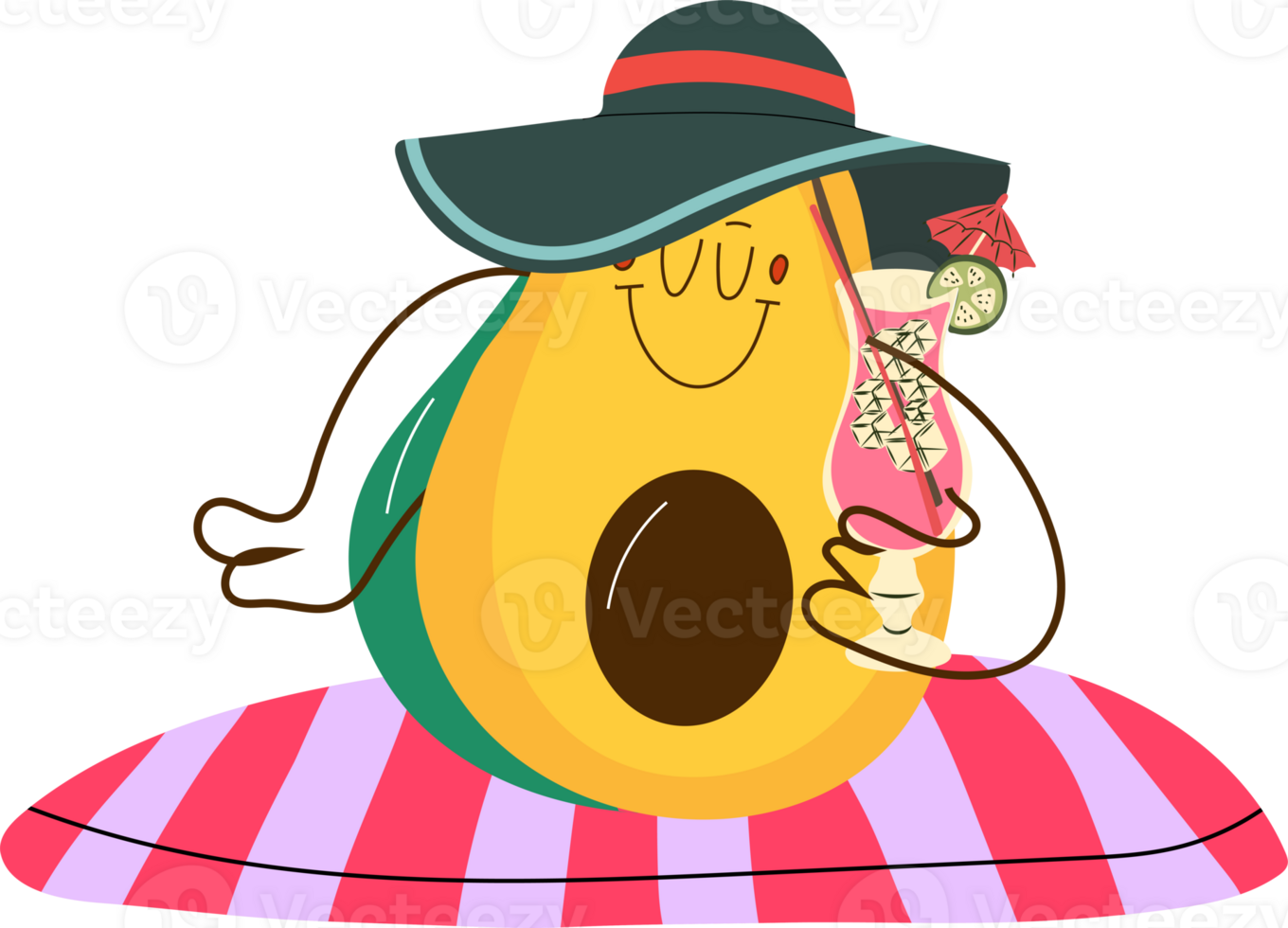 A cheerful avocado wearing a summer hat and holding a cocktail, radiating tropical vacation vibes png