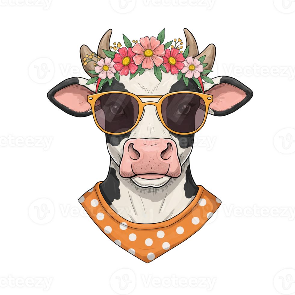 Playful dairy cow wearing sunglasses and a floral crown, set against a vibrant background with whimsical elements png