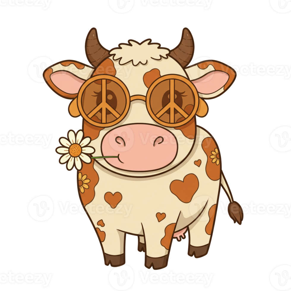 Cartoon dairy cow wearing peace-sign sunglasses, holding a flower, with a cheerful background scene png