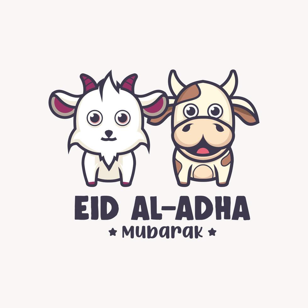Eid al-Adha Mubarak Greeting with Cartoon Goat and Cow vector