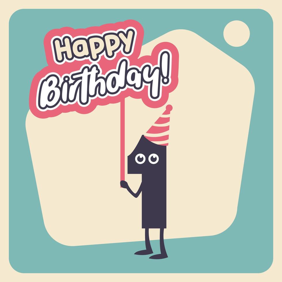 Cute Number One Character Holding Happy Birthday Sign vector