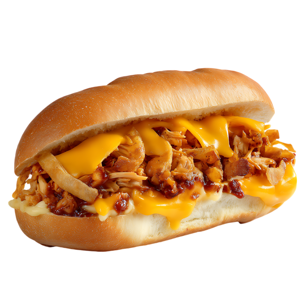 Close up of a chicken sandwich with cheese and french fries png