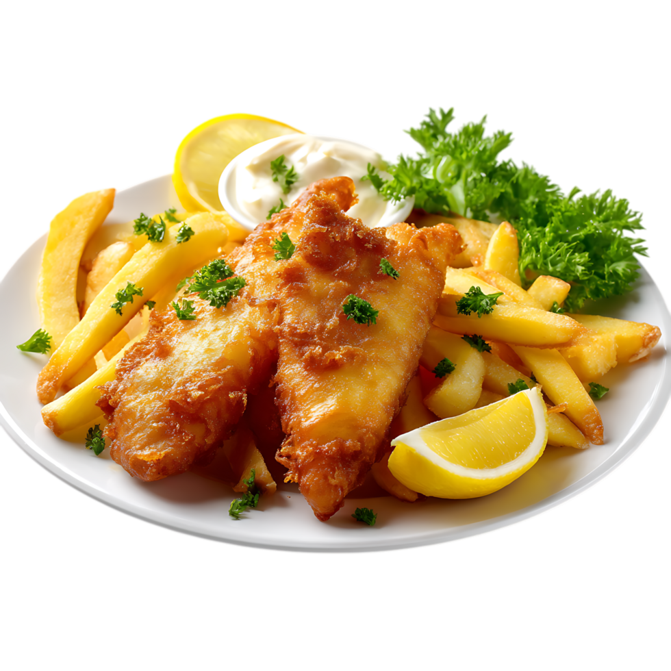 A plate of fish and chips with lemon wedges and parsley garnish png