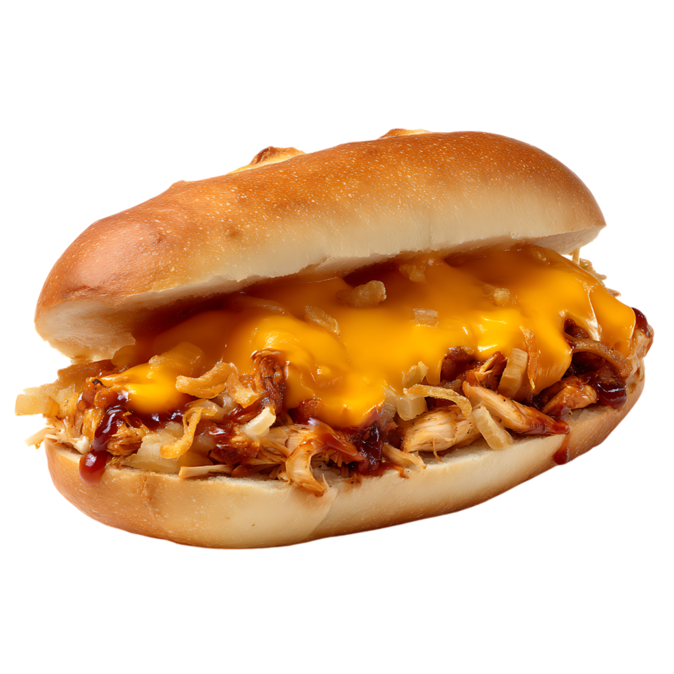 Close up of a chicken sandwich with cheese and barbecue sauce png
