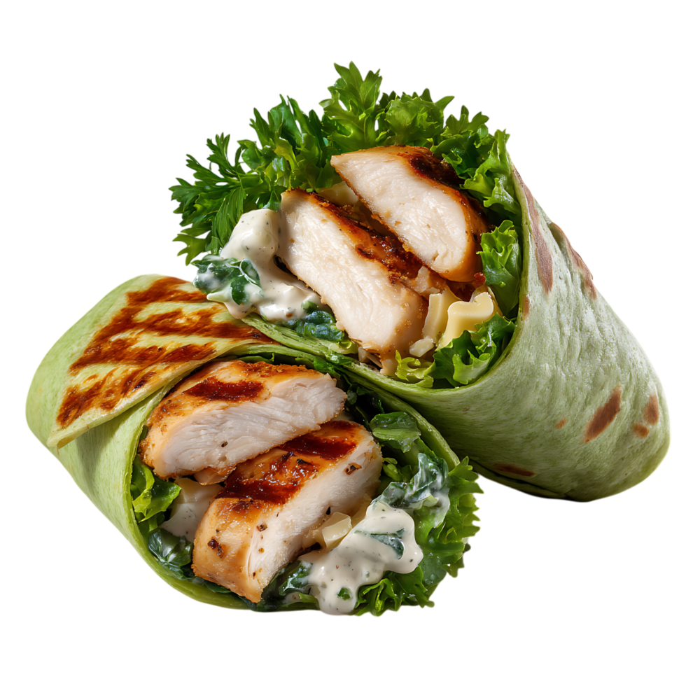 Close up of two chicken wraps with lettuce and white sauce png