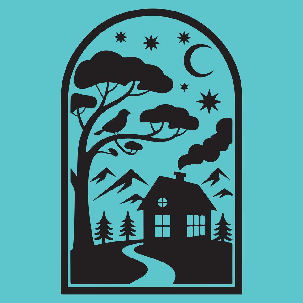 Cozy Cabin in Nature Silhouette vector